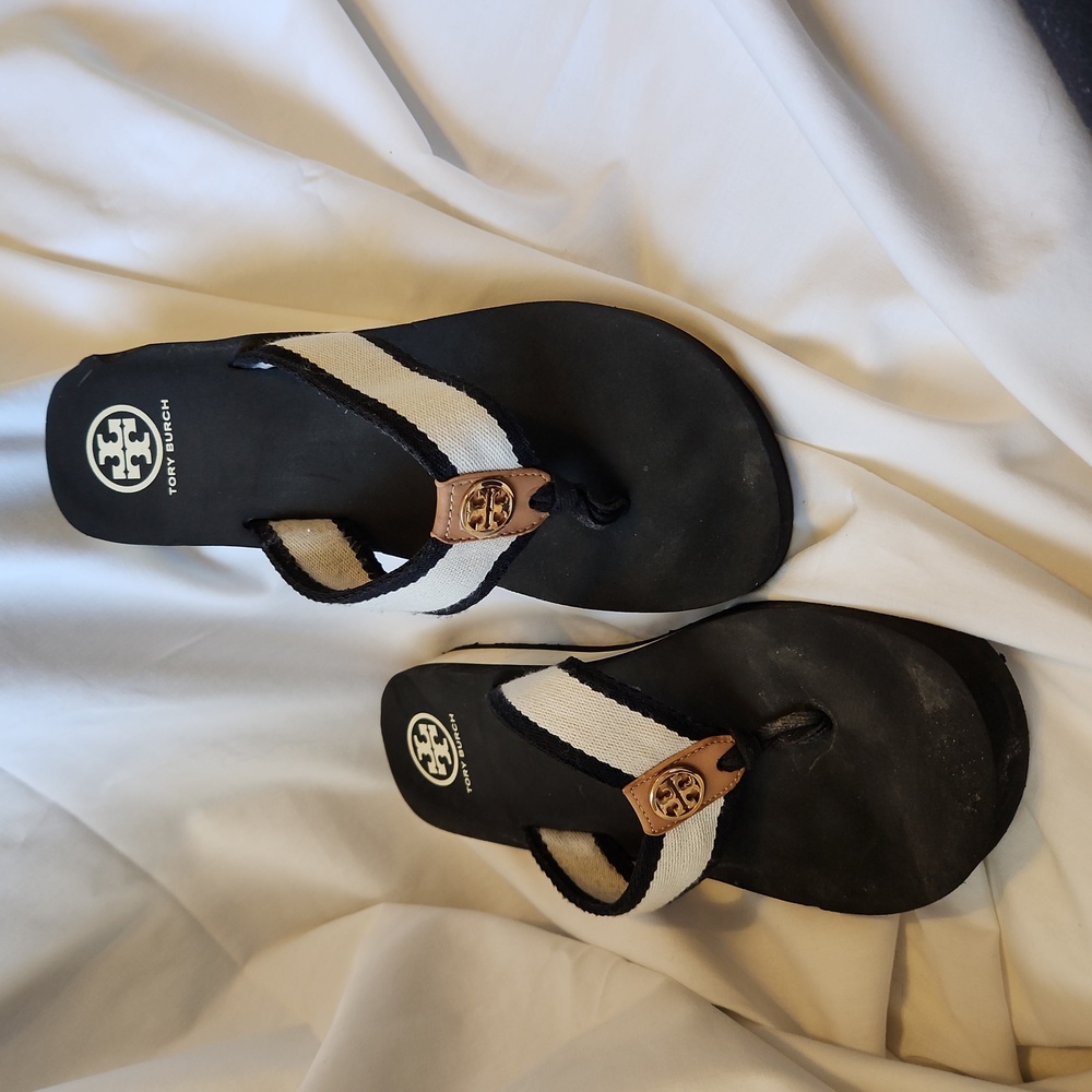 TORY BirchWedge Flip Flop Webbing Sandals Navy/Tan Size 10 Med